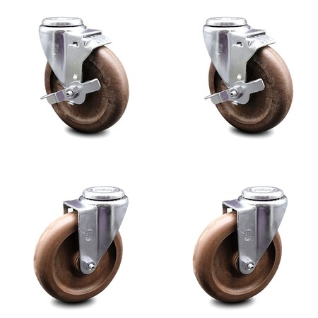 Service Caster 5 Inch High Temp Glass Filled Nylon Swivel Bolt Hole Caster Set with 2 Brakes SCC-BH20S514-GFNSHT-2-TLB-2